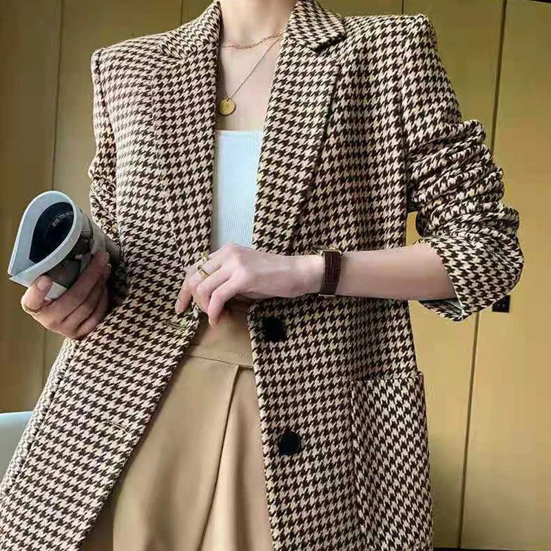 Korean Vintage Coats Women Woolen Plaid Houndstooth Blazer Elegant Spring Autumn Office Lady Belt Oversize Chic Jacket Outerwear