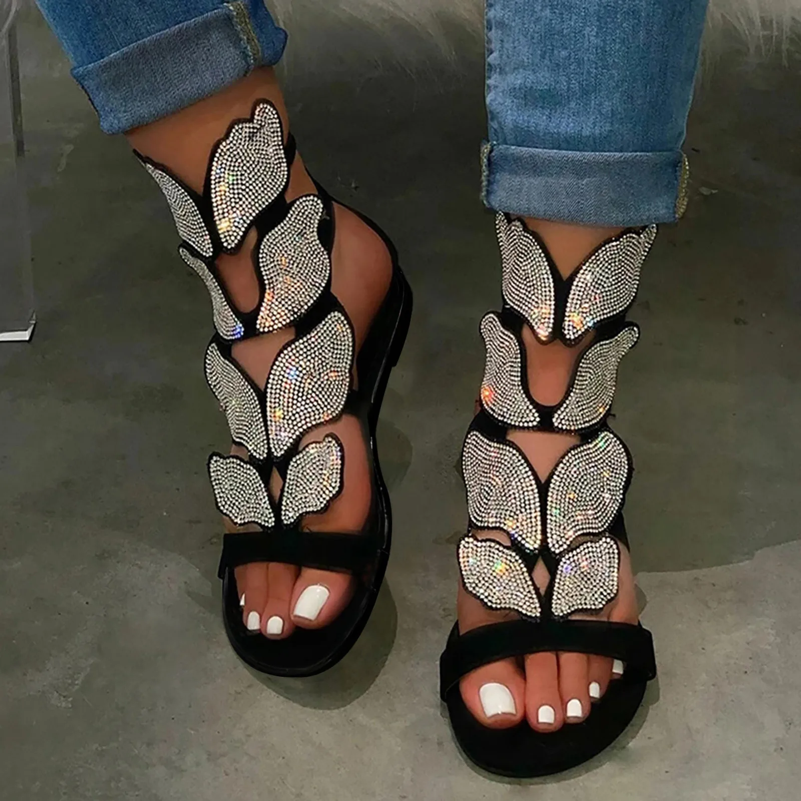 Summer Butterfly Crystal Sandals for Women Plus Size Fashion Gladiator Sandals Comfortable Open Toe Shoes Woman Sandalias 2023