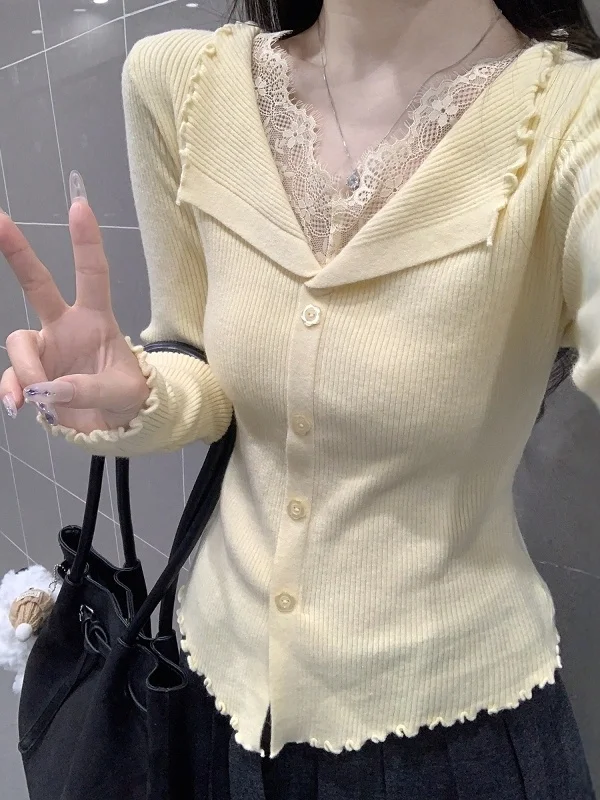 

Изысканный вязаный кардиган с кружевными вставками и V-образным вырезом, женский осенне-зимний облегающий свитер в корейском стиле, с длинным рукавом, стандартный крой
