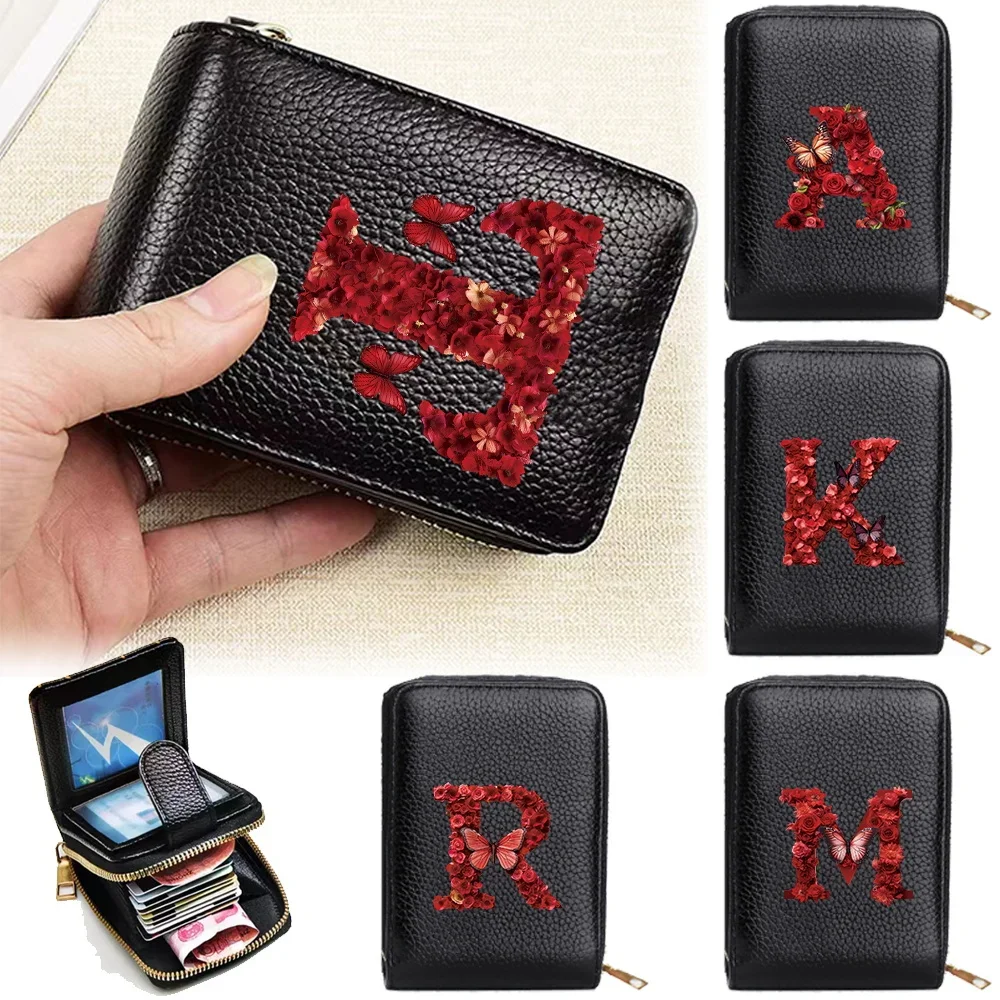 

Women Wallet Vintage Zippered Card Holder Multi-Card Slots Leather Coin Purse Red Rose Pattern Coin Clip Bag Money Clip