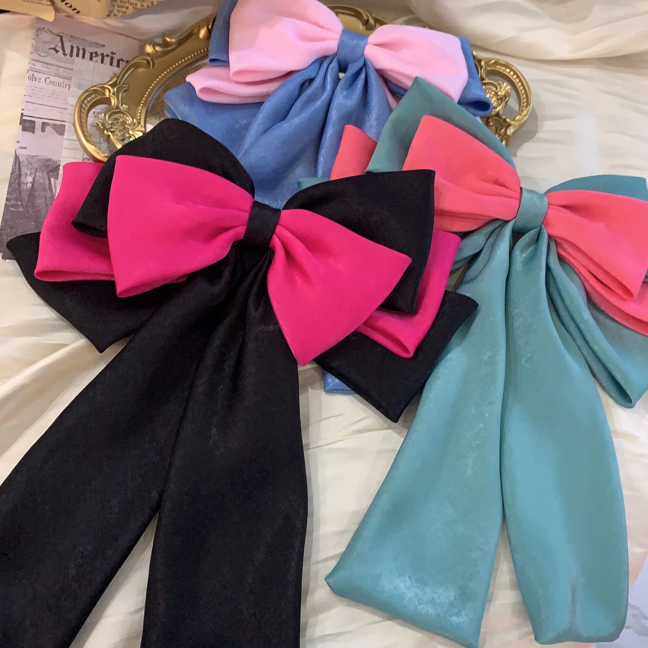 Exaggerate and oversized Satin Bow Hair Clip for Women Girls Long Ribbon Barrette Hairpin Color block KoreanHair Accessories