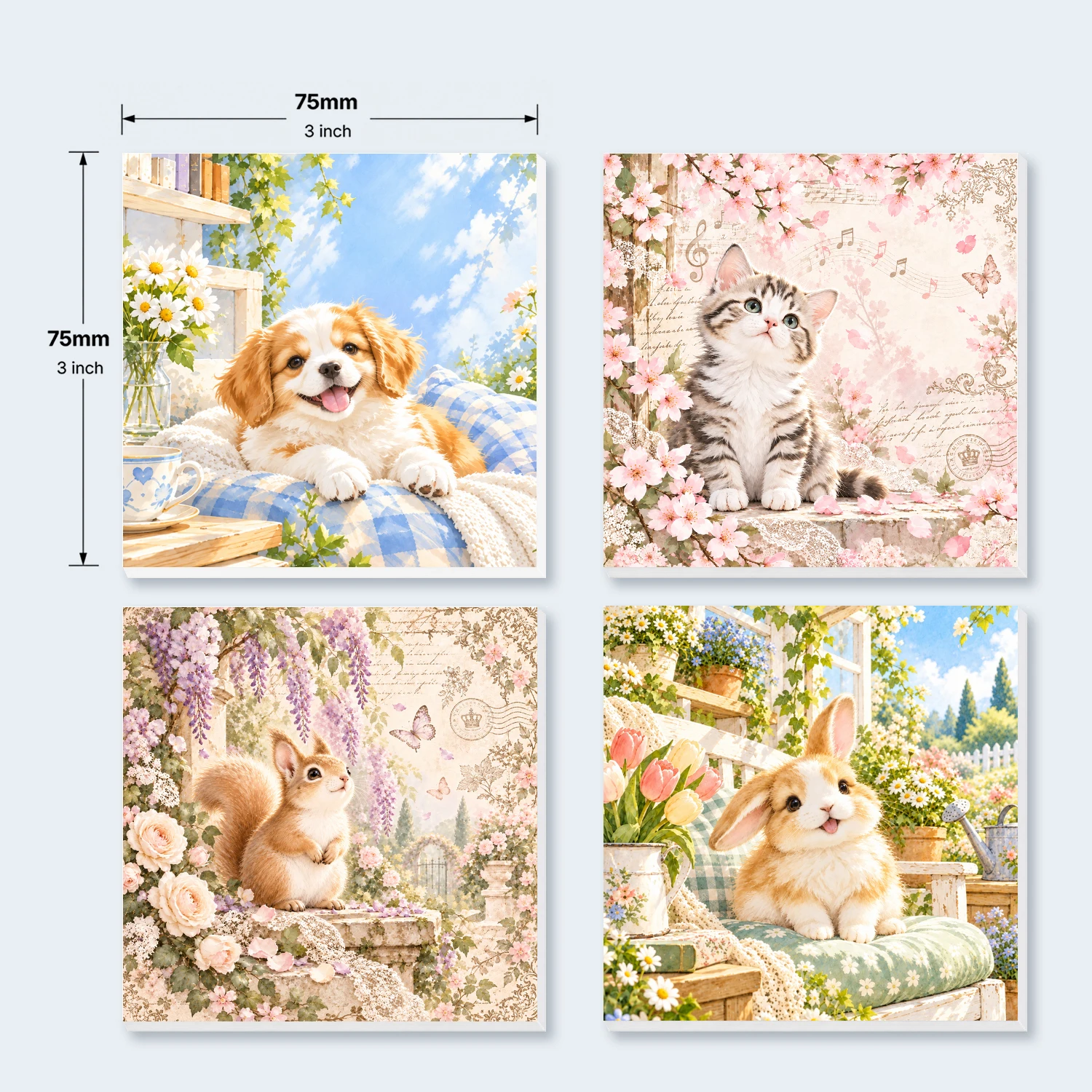 4pcs Cute Animal Sticky Notes, 200 Sheets Total, Puppy Kitten Squirrel Bunny Floral Memo Pads for Office School Daily Notes