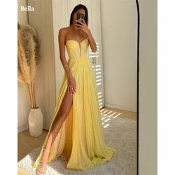 Bella-Vestidos De Fiesta De gasa amarillos, vestido De novia sin tirantes con abertura lateral Aline, Vestidos De Fiesta largos sin mangas personalizados hasta el suelo