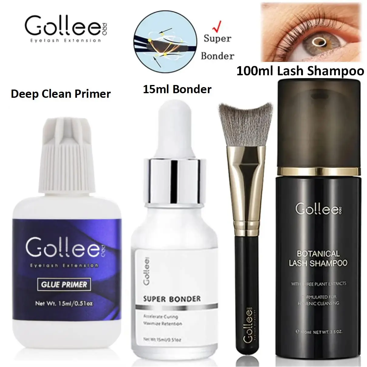 Gollee Eyelash Foam Cleaner 100ml for Clean Cosmetics with Soft Brush Super Bonder Eye Clean Solution Shampoo Makeup deep Clean