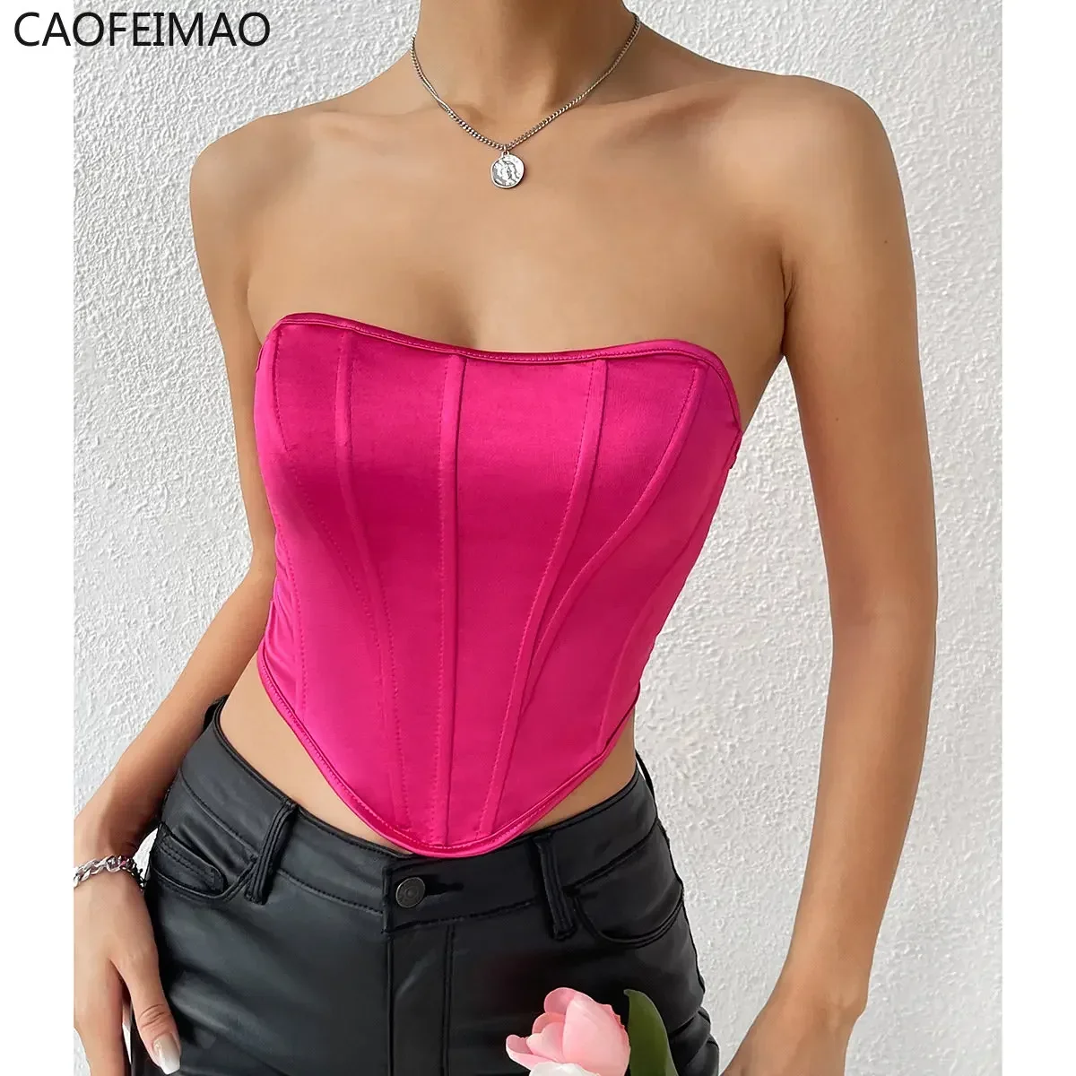 

Off Shoulder Halter Corset Women Sexy Solid Corp Tops Stretchy Arc-Shape Y2k Sleeveless Tanktop Fashion Push Up Bustier Tube Top