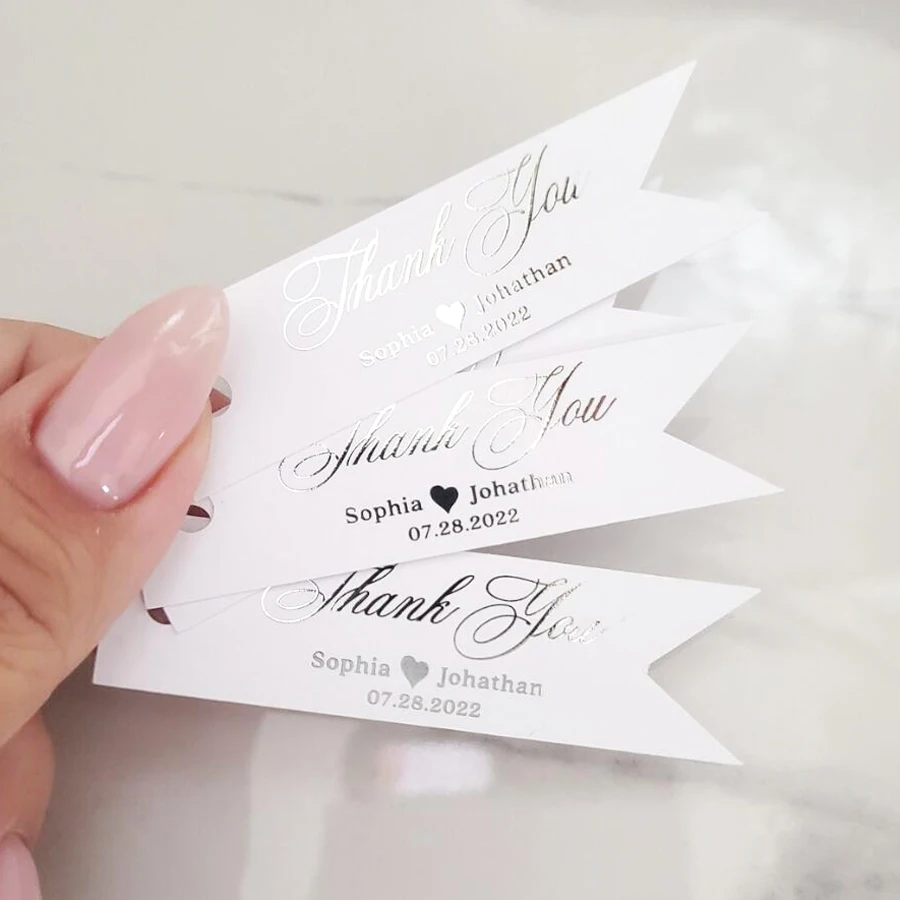 Etiquetas personalizadas para boda, etiquetas doradas de agradecimiento, colgantes, recuerdo de boda, 50 piezas