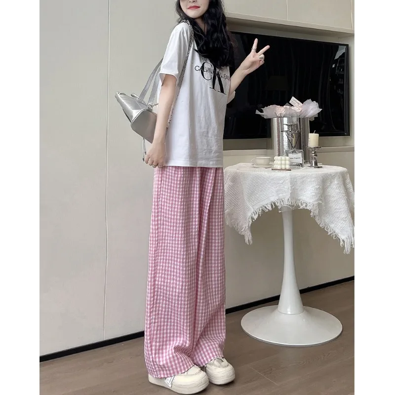 Sleeping Pants Plaid Wide-Leg Pants Women's Loose High-Waisted Versatile Breathable Trousers Student Simple Pajama Pants