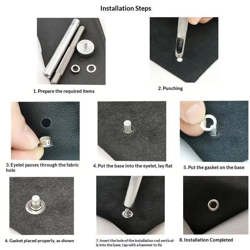 100 Sets Metall-Ösen in den Größen 6/8/10 mm mit Montagewerkzeug-Set für DIY-Schuhe, Handtaschen und Lederwaren. – Detail 6