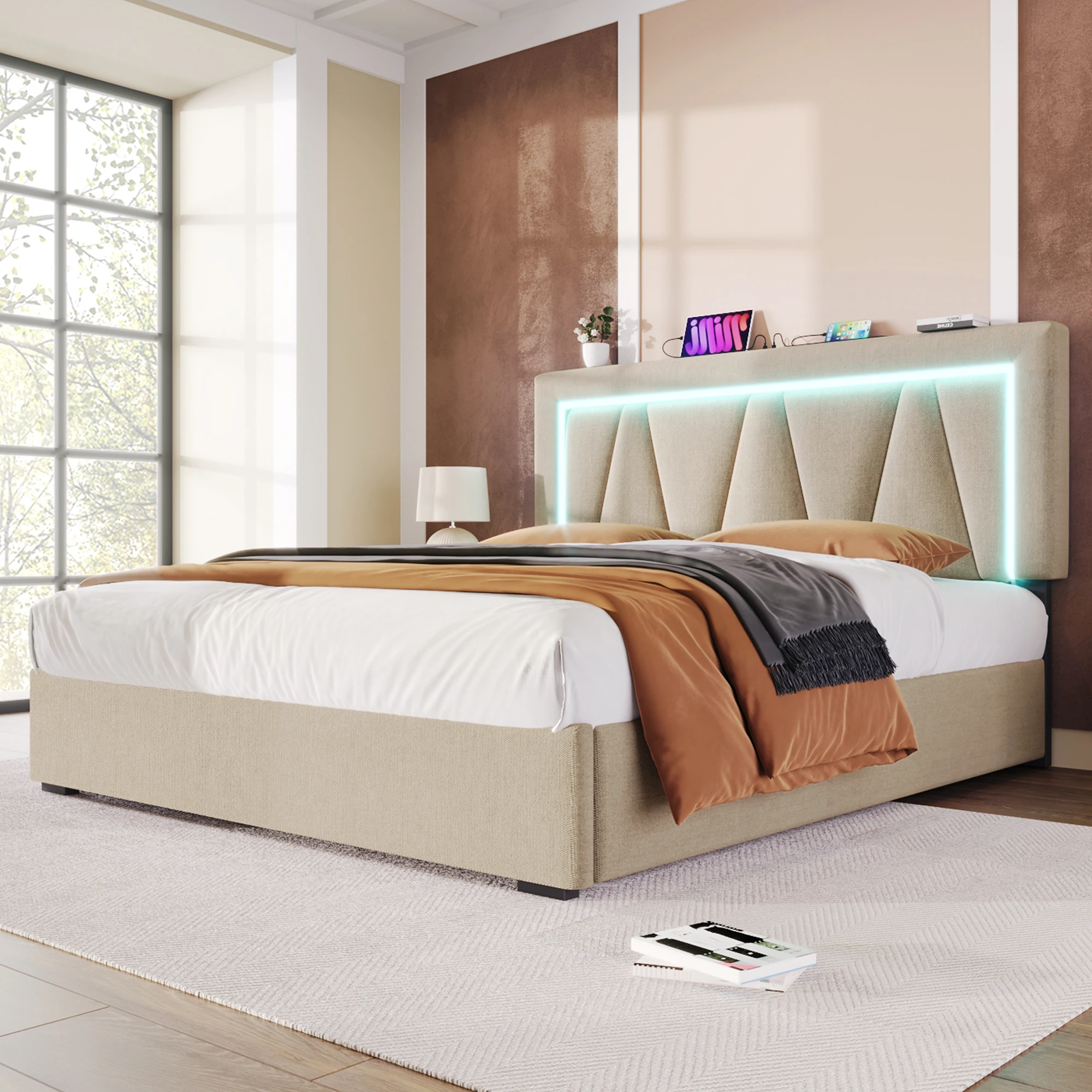 Upholstery bed LED double bed with USB Type C charging function and LED lighting, storage bed bed rack made of linen material Teenager