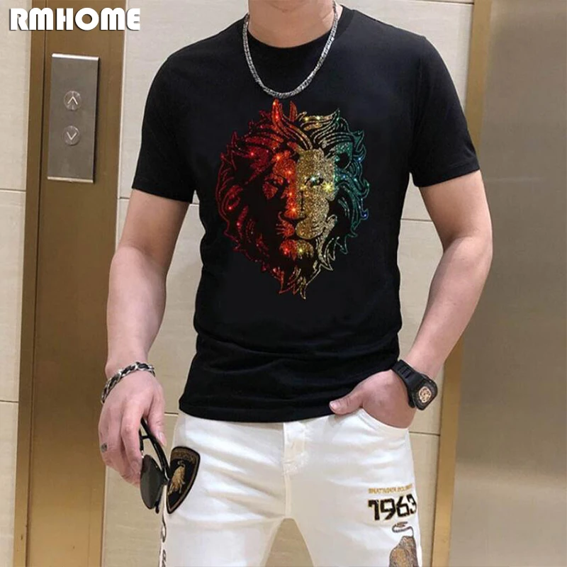 

New Hot Diamond Men’s T-shirt Summer Short Sleeve Top Trend Slim Fit Half Sleeve Youth Casual Male Cotton Bottoming Shirt Tees