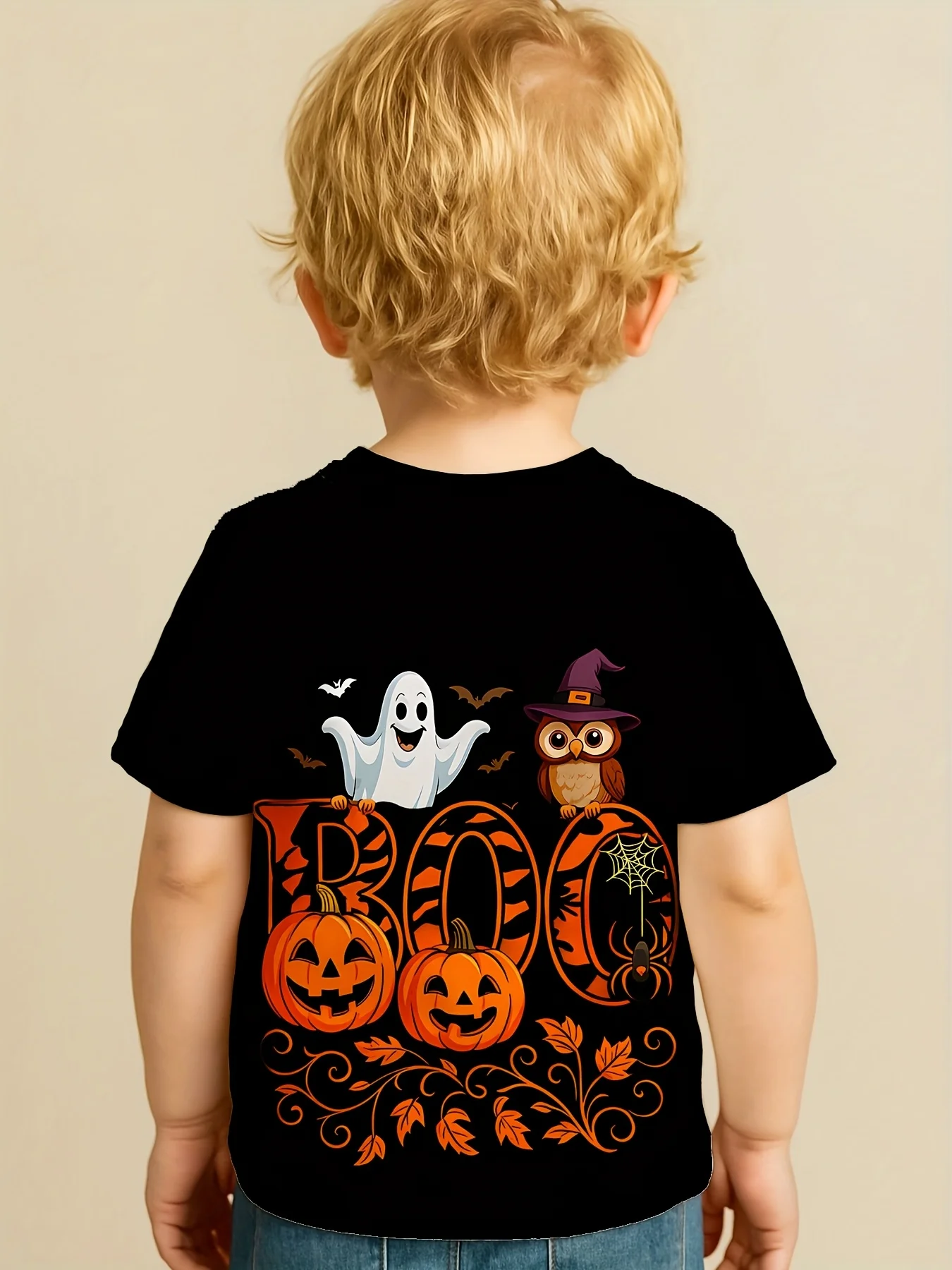 تي شيرت ممتع للهالوين للأولاد - "BOO!" مطبوعات الشبح/القرع/البومة، بوليستر مريح، للهالوين والخدعة أو المعالجة