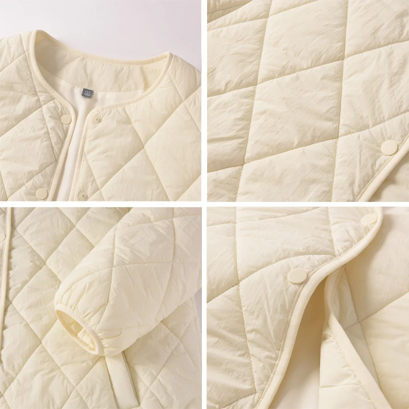 เสื้อแจ็คเก็ตผ้าฝ้ายเบาสบายสำหรับผู้หญิง YESUNION รุ่นหลวมสบาย ใส่ได้ทั้งฤดูใบไม้ร่วงและฤดูหนาว น้ำหนักเบาพิเศษ ไม่มีปก ติดกระดุมแถวเดียว แฟชั่นเสื้อคลุมกันหนาว