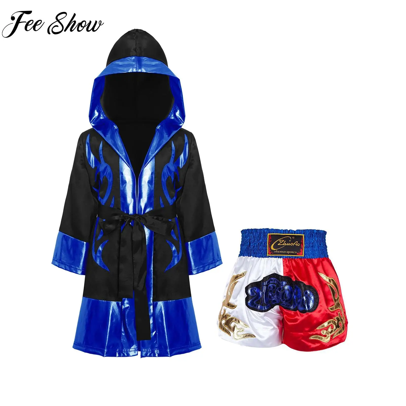 

Children Boys Boxing Training Costume Cosplay Outfit Muay Thai Hooded Boxer Robe+Belt Shorts Set for Halloween Carnival Party