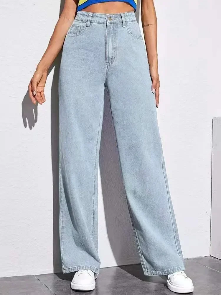 

New Women Long Jeans Pant Denim Pants Straight Trousers Elegant Splice Button High Waist Regular Casual Loose Autumn Winter
