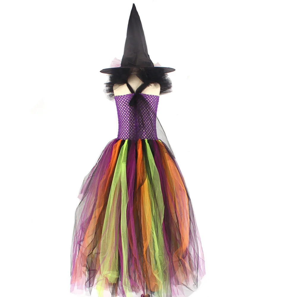 Kids Girls Witch Costume Halloween Cosplay Dress High-low Mesh Tutu Dress with Pointed Hat for Carnival Party Dress Up Clothes