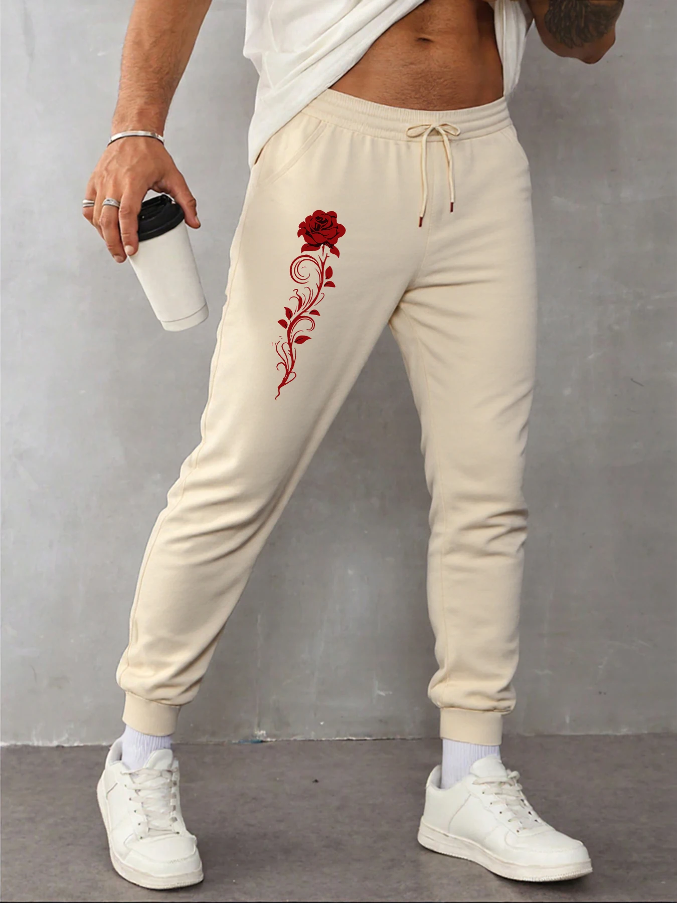 

Красивые мужские спортивные штаны с принтом красной розы, осенние повседневные базовые брюки, флисовые брюки Y2K, модные уличные спортивные штаны, мужские
