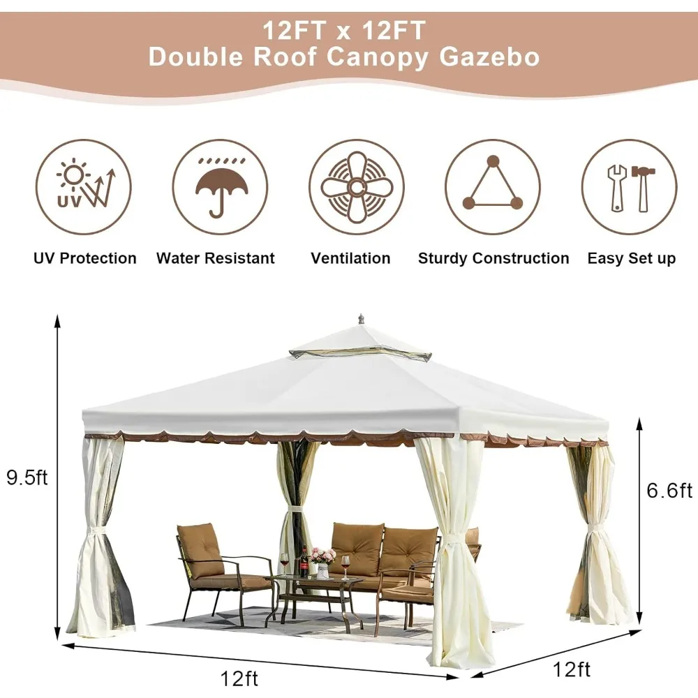 Imagem -05 - Outdoor Canopy Gazebo Duplo Telhado Pátio Steel Frame com Rede e Sombra Cortinas para Jardim 12x12