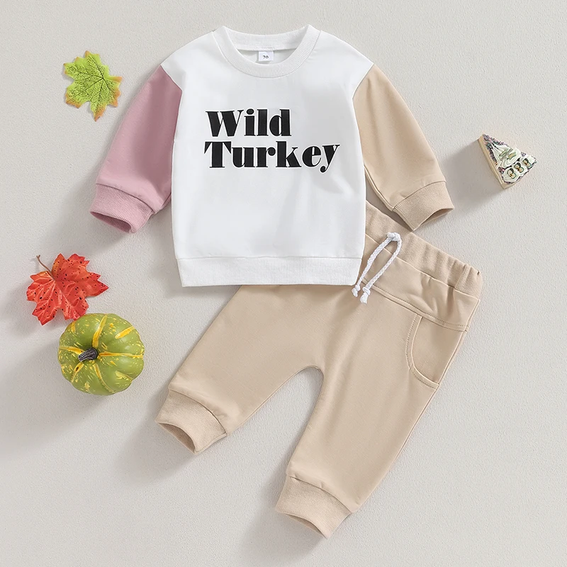 Kids Autumn Clothing Set with Printed Letters Color-Blocked Sweatshirts and Matching Pants for Boys and Girls - 2 Piece