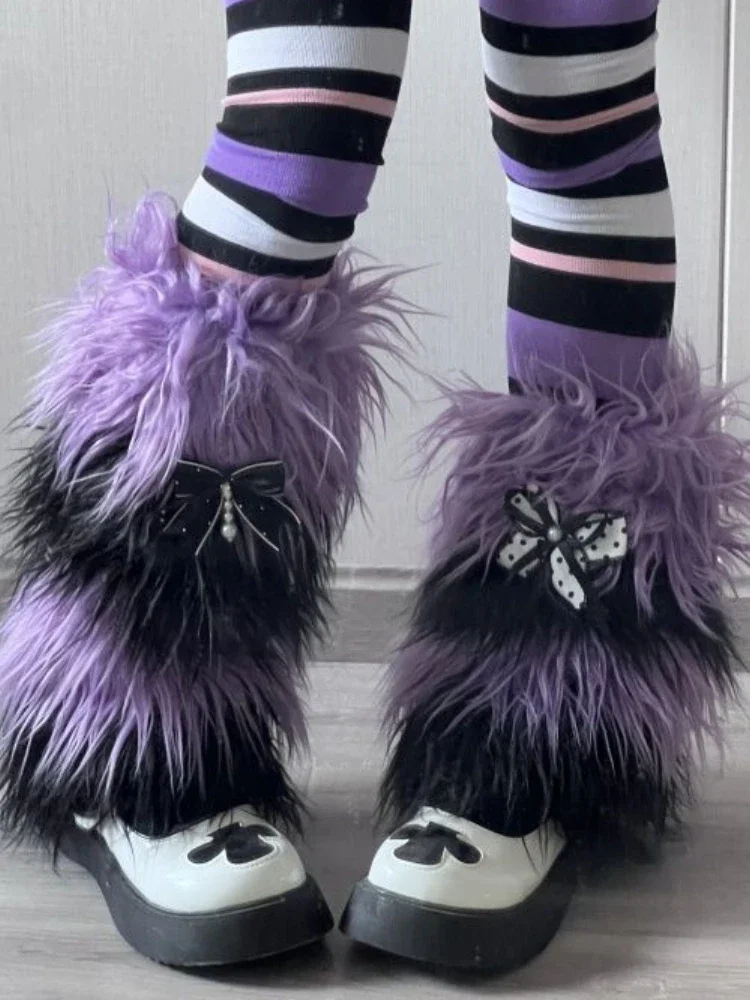 

Пушистые гетры контрастного цвета с градиентом, японские меховые женские носки Harajuku Y2k, модные кавайные сапоги с милым бантом, манжеты, эстетические