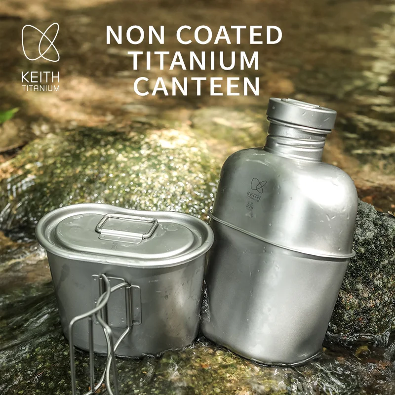 KEITH Titanium Canteen & Water Bottle Set with Nesting Cup Ultralight Mess Kit for Outdoor Hiking Survival Camping Backpacking