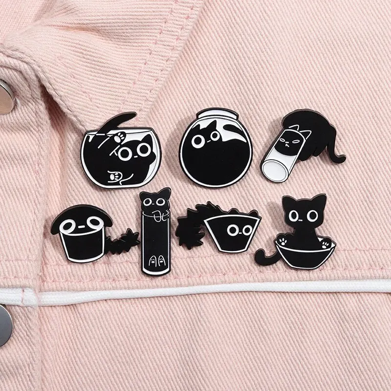 7Pcs/Cute Cat Enamel Pins Custom Black Kitten Terrarium Brooches Lapel Badges Cartoon Animal Jewelry Gift for Kids Friends