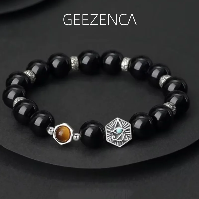 GEEZENCA Natural Obsidian Tiger's Eye Stone S925 Silver Beaded Bracelet Men Eye Of Providence Elastic Rope Strand Bracelets Gift