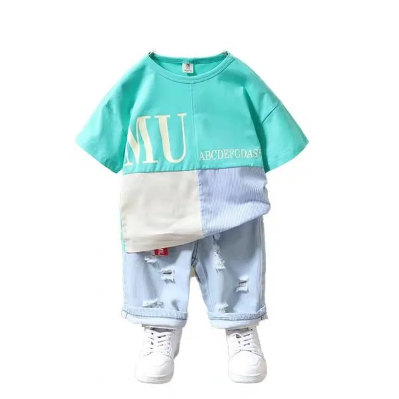 Children\'s clothing Summer Baby Boys Short Sleeved Top t-Shirt + Denim Short Pant Kids 2-Piece Outfits Clothing For 2-7 Years