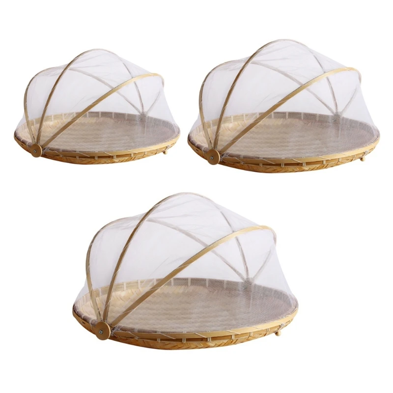 Handmade Bamboo Woven Fruit Vegetable Basket with Mosquito  Proof Net Round Dustproof Wicker Picnic Tray  Bread with 29EF