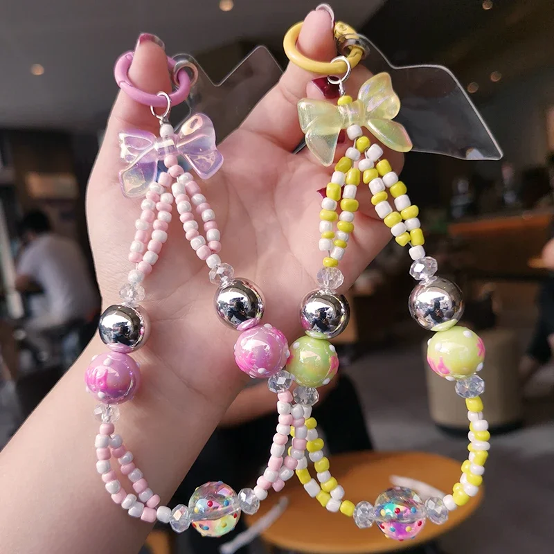 Mobile Phone Lanyard Bow Knot Handmade Beaded Powder Pendant Short Style Wrist Electroplated Bead Pendant Case Anti Loss Lanyard