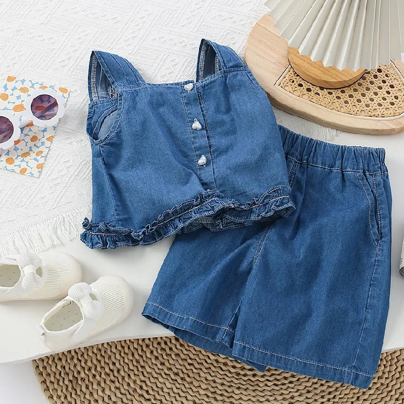 

Summer children's set, stylish sleeveless denim camisole vest, denim shorts set, solid color girl sleeveless top and shorts set