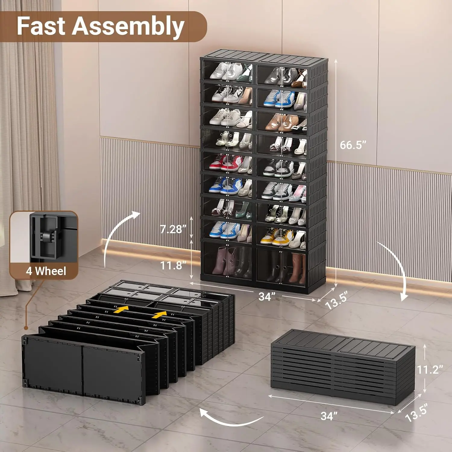 Plastic Shoe Storage Organizer Boxes 9 Tiers 36Pairs, Large Shoe Rack For Closet Entryway, Portable Foldable Shoe Storage