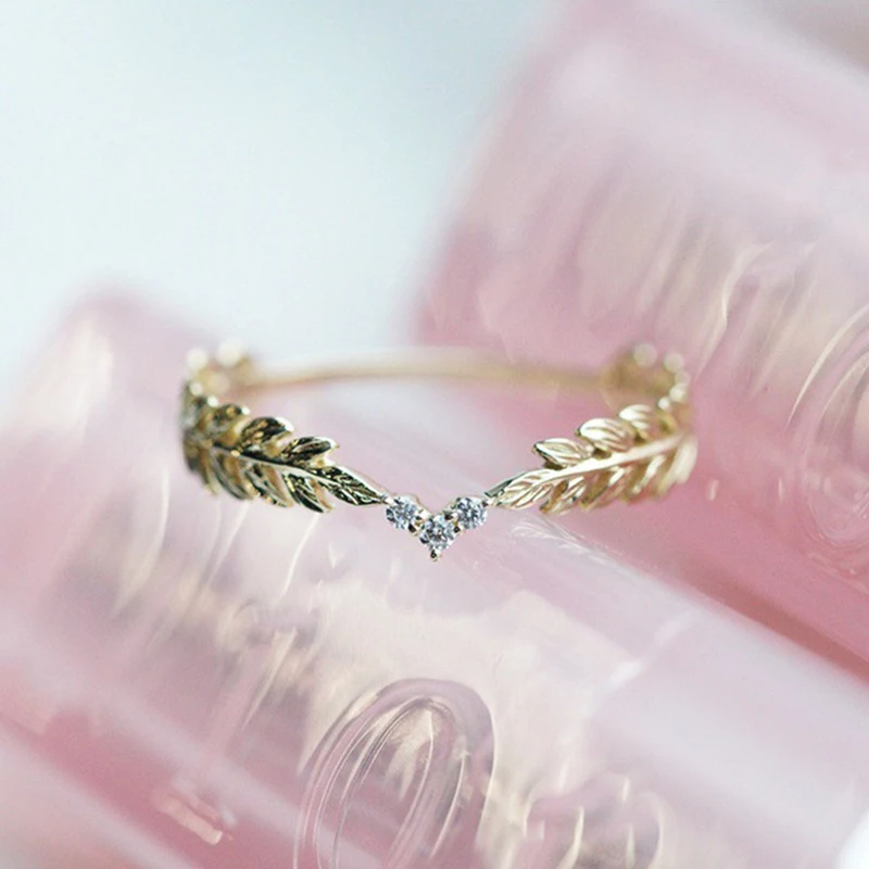 Leaves Straw Feather Rings For Women Elegant Style  Cubic Zirconia Yellow Gold Color Career Gift Fashion Jewelry KAR348
