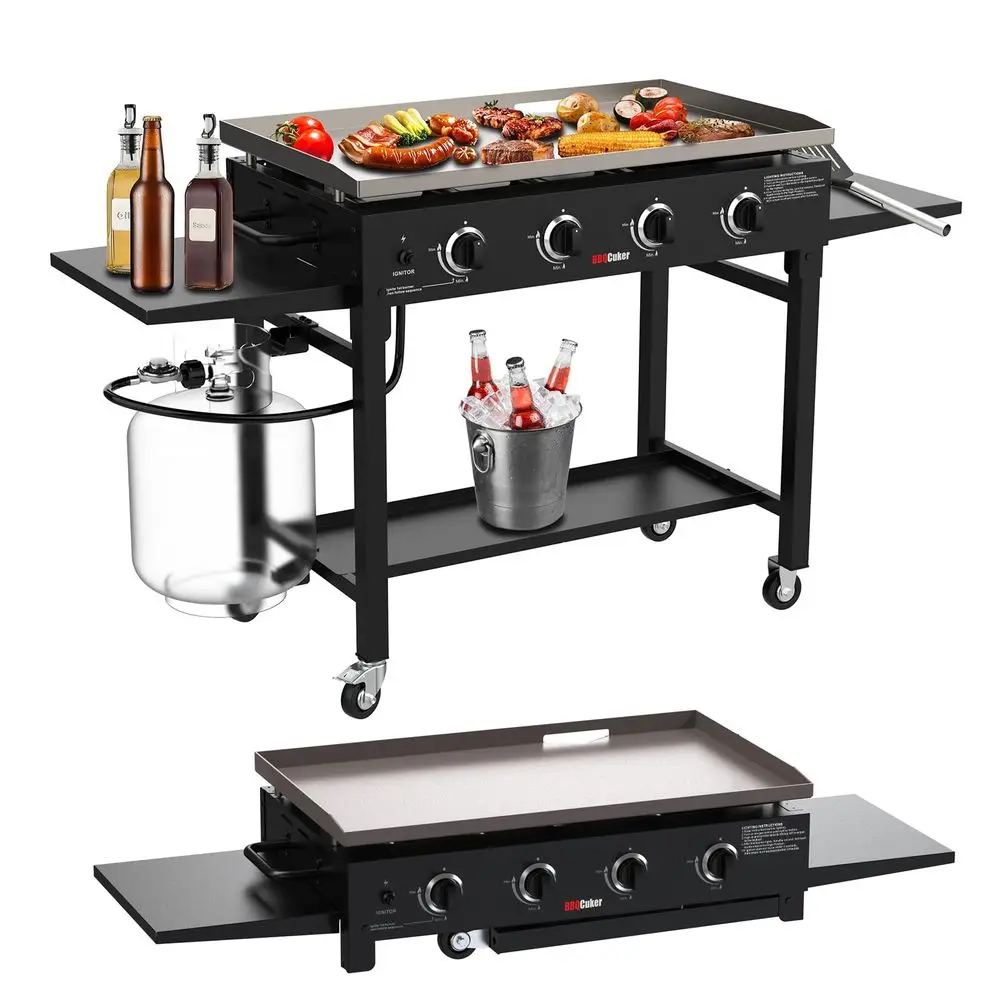 

4Burner Propane Gas Griddle, 60,000 BTU Flat Top Grill with Removable Side Tables, Bottom Tray and Foldable Legs, 766 sq. in. C