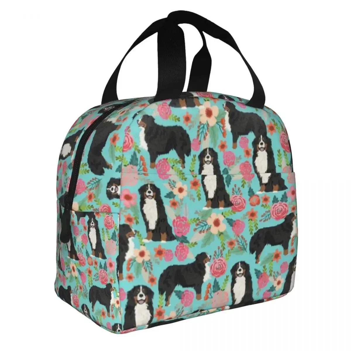 Cute Bernese Mountain Dog Florals Portable Lunch Box Women Leakproof Animal Thermal Cooler Food Insulated Lunch Bag