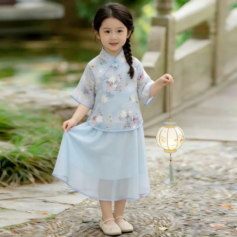 Kids Cheongsam Girls Dress Summer 2026 New Set Chinese Style Girl Big Kid Ancient Hanfu Two Piece Set