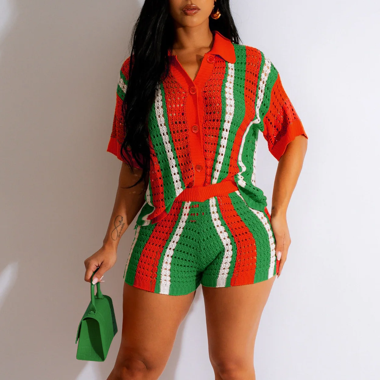 

Womens Sexy Hollowed Out Color Contrasting Knit Shorts Set Casual Lapel Striped Knitted 2 Piece Set Casual Beach Pants Sets 2025