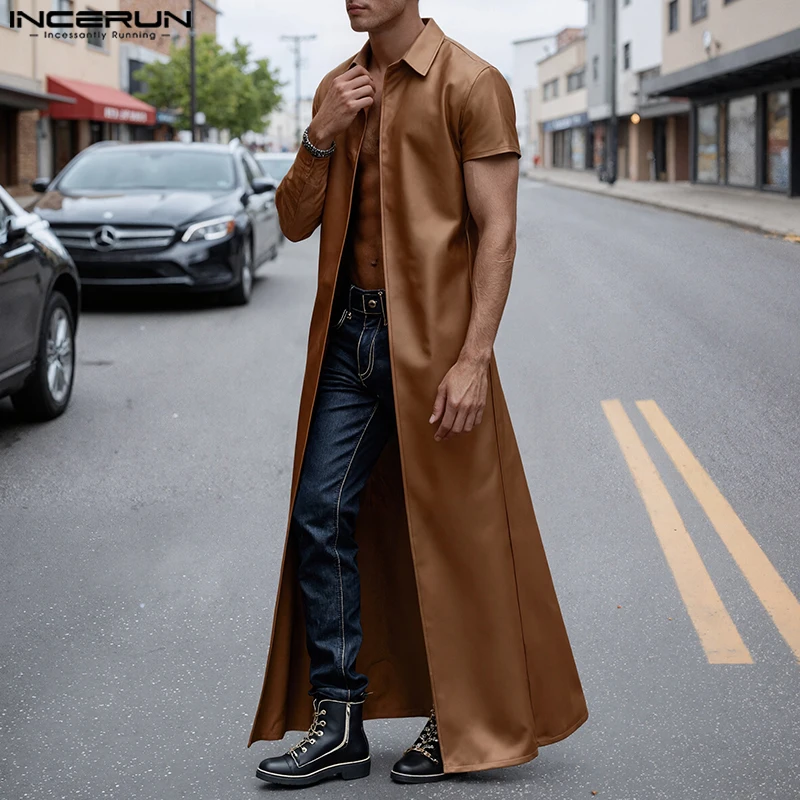 

INCERUN Men Long Style Trench Solid Color Lapel Short Sleeve Male Cardigan Streetwear PU Leather Casual Male Windbreaker Coats
