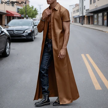 INCERUN Men Long Style Trench Solid Color Lapel Short Sleeve Male Cardigan Streetwear PU Leather Casual Male Windbreaker Coats