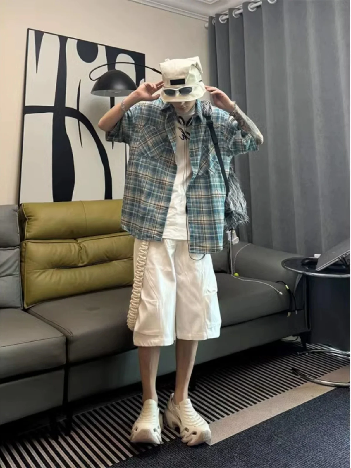 

American Street Sle ort Sve Plaid irt Casual f Sve Color Blo Trendy Loose Fit Summer Workwear Collar irt