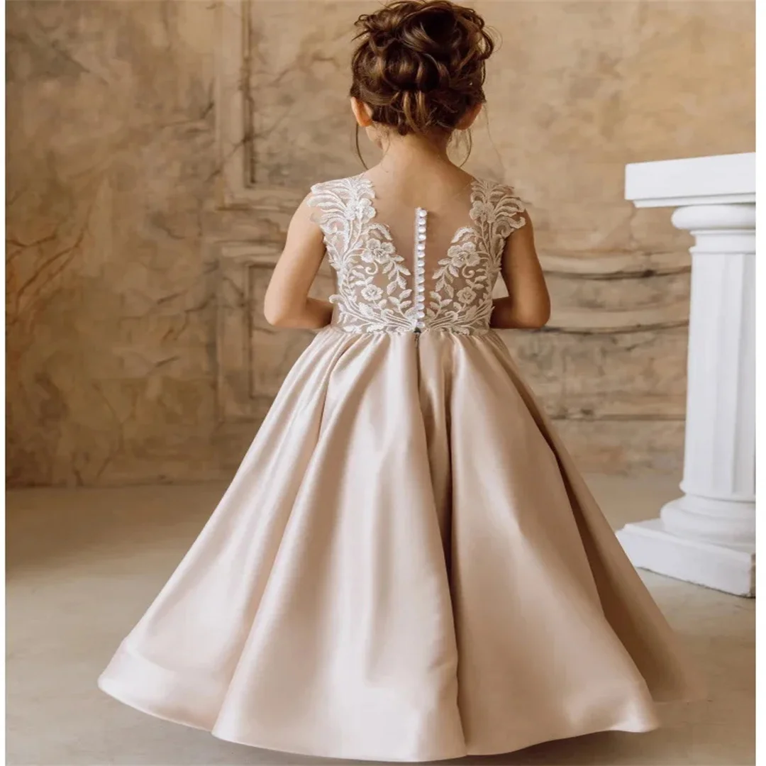 Dusty Pink Satin White Appliques Sleeveless For Wedding Birthday Party First Communion Gowns Flower Girl Dresses