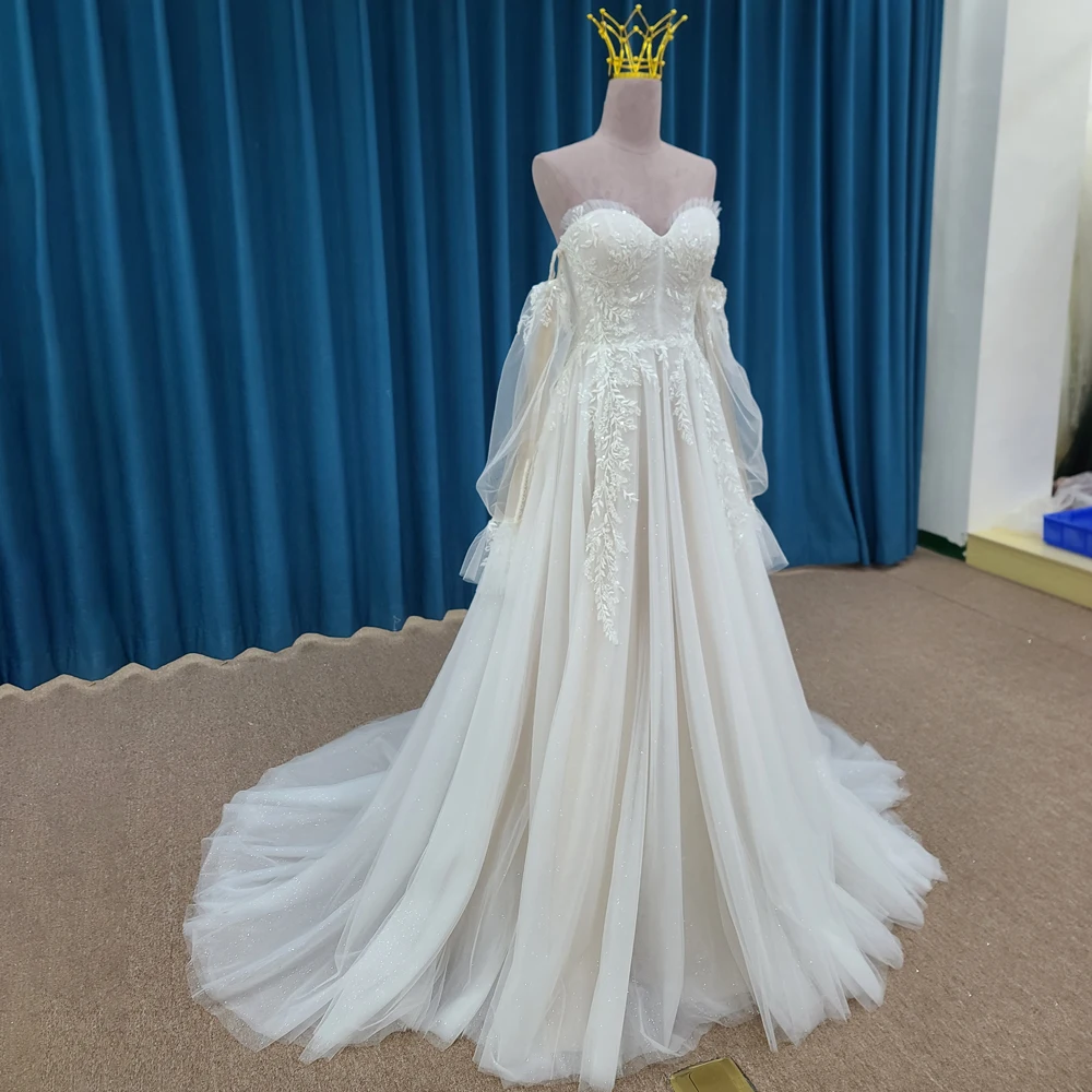 Vestido de novia de diseño Popular de princesa para mujer, traje de novia de línea a con cremallera, mangas completas, LSSM016, 2024