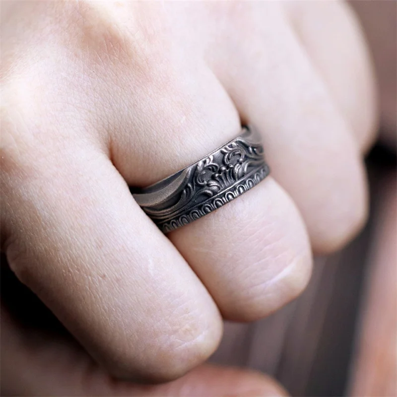 Vintage Carving Flower Crown Ring Male Jewelry Trendy 925 Silver Ring For Men Finger Accessories Adjustable