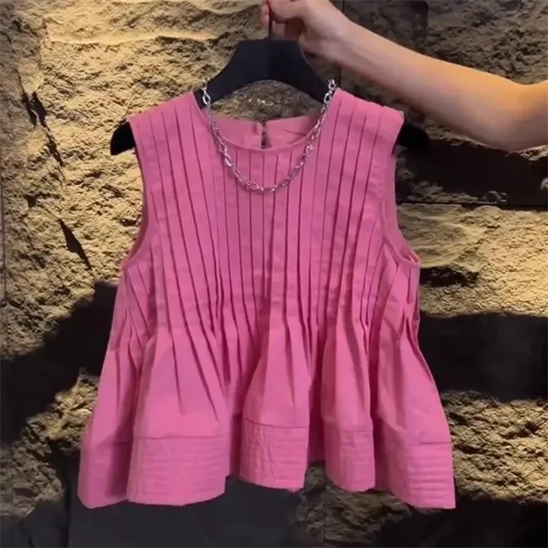 Sweet Pleated Sleeveless Shirt Korean Simple Vest Top Women's Summer Crew Neck Versatile Age-Reversing Clothing Female