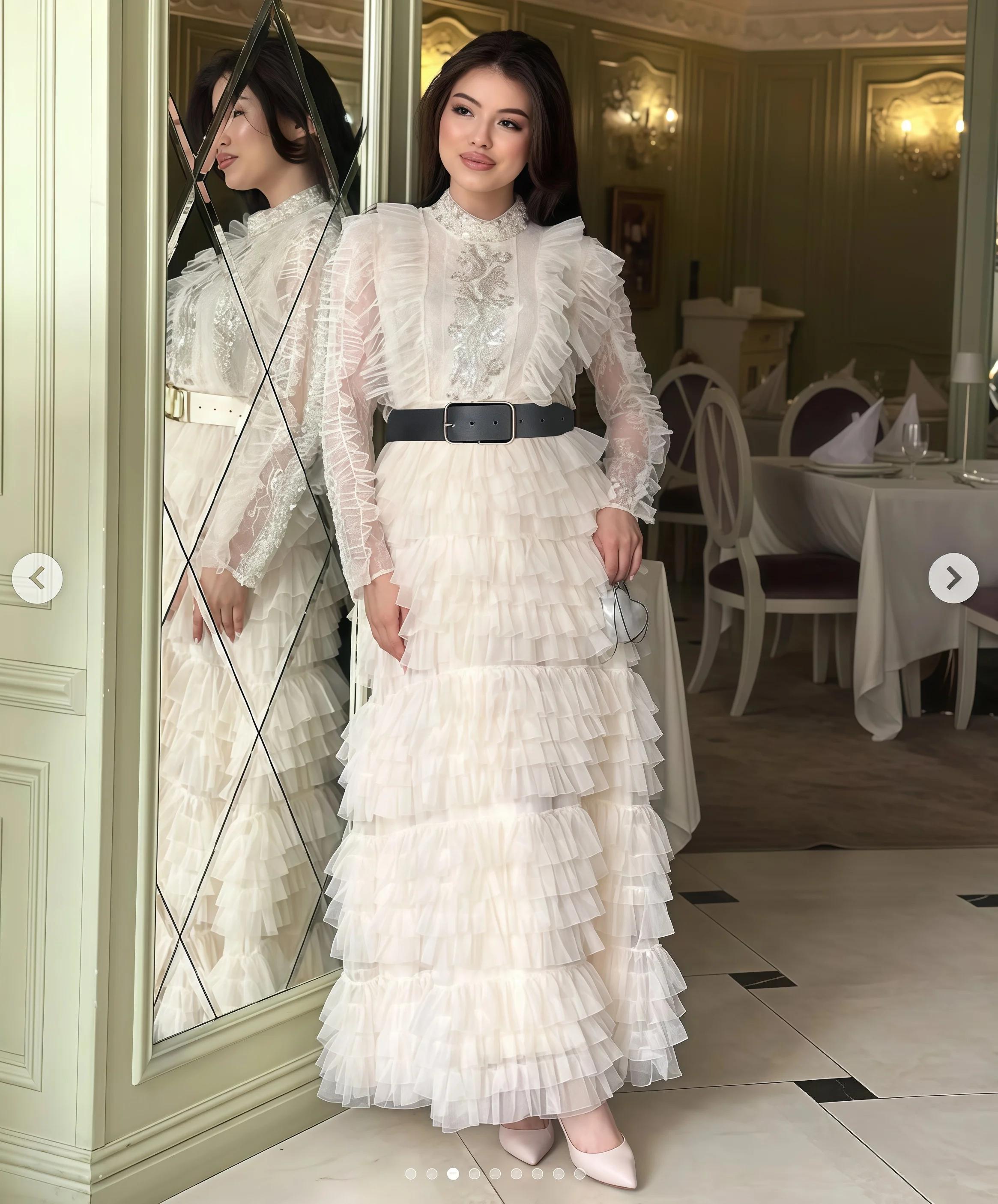 

Белое сетчатое платье, женское элегантное вечернее платье с длинными рукавами и вышивкой блестками, облегающее платье с высокой талией, винтажная тканевая женская одежда