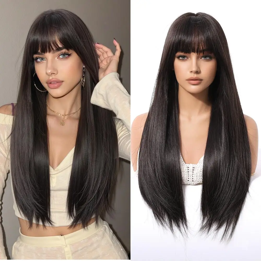 

The 28-Inch Long Straight Bangs Synthetic Hair Is Suitable For Women'S Daily Party Halloween Heat-Resistant Wig