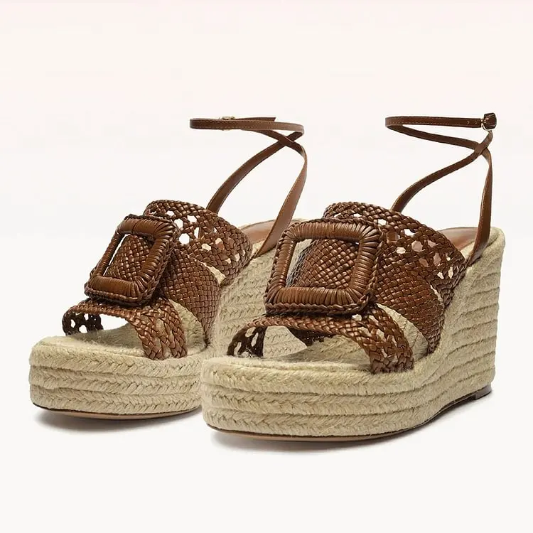 

Brown & Beige Woven Buckled Ankle Strap Platform Wedge Sandals