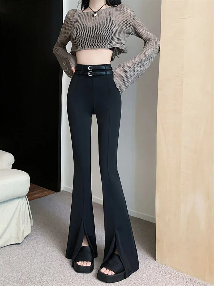 Two belts Slit Black High Waist Street Slim Chic Flare Pants Women Spring autumn Korean Fashion Casual Office Lady Trousers