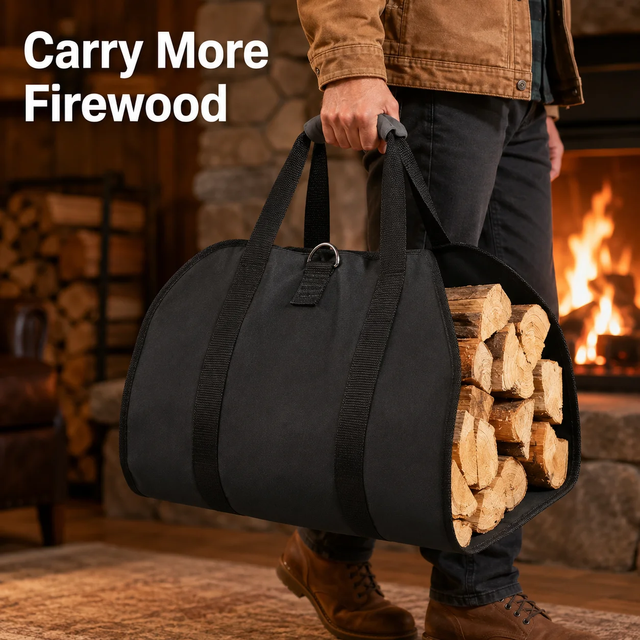 Fireplace Firewood Carrier Bag for Camping Fire Pit, Large Foldable Oxford Log Tote with Reinforced Handles for Easy Carrying