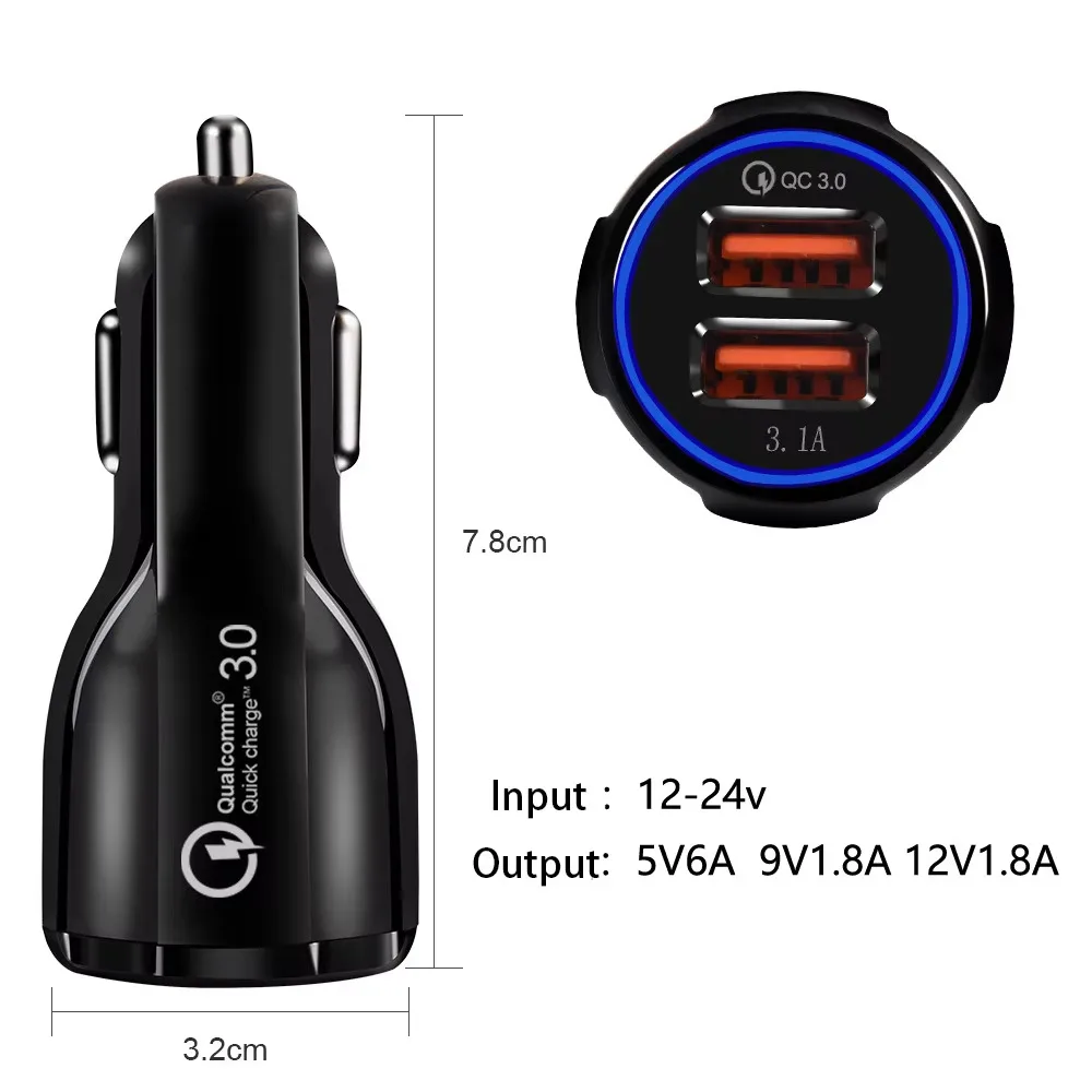 3.1A Car Charger Dual USB Fast Charging 18W QC Phone Charger Adapter For iPhone 16 Pro Max 13 14 15 Pro Xiaomi Samsung Huawei
