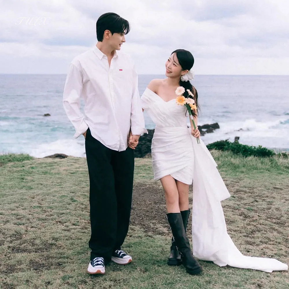 

TULX Mini Ivory Taffeta Wedding Dresses Korea Photo Shoot One Shoulder A line Short Bridal Gowns Corset Customized 웨딩드레스